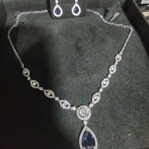 18K White Gold Plate 925 Sterling Lab Sapphire Necklace and Earring Set